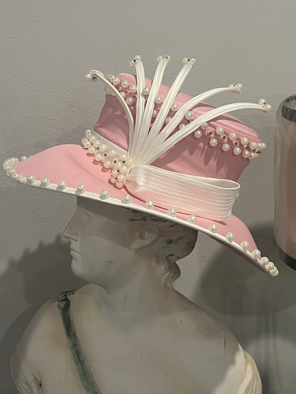 M.STUDIO Pink Hat with White Pearl Embellishments and Ribbon